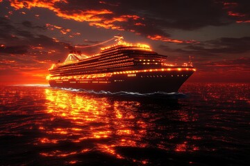 Poster - Cruise ship gliding across shimmering water at sunset, casting reflections under a vibrant sky filled with clouds