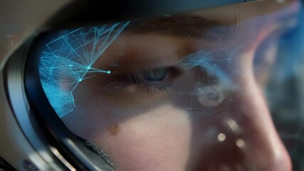 Wall Mural - close up revealing astronaut's eyes behind helmet visor with futuristic holographic heads up display
