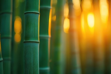 Aufkleber - Sunset through bamboo stalks creates a serene ambiance in a lush forest, illuminating the golden hour with warm light