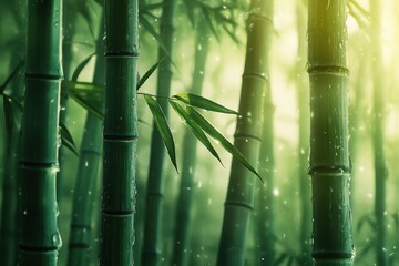 Aufkleber - Sunset through bamboo stalks creates a serene ambiance in a lush forest, illuminating the golden hour with warm light