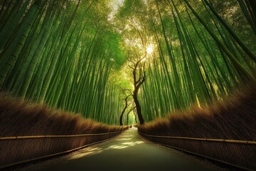 Poster - Exploring a serene bamboo forest pathway under golden sunlight during the afternoon