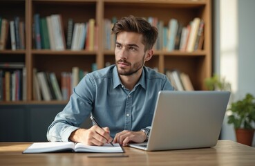 Aufkleber - Young caucasian man sits at desk working with laptop taking notes during online webinar study course. Male student studying working remotely. Education, work, online learning, business, knowledge