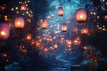 Aufkleber - Illuminated lanterns glow softly along a winding path in a tranquil forest during twilight, creating a magical atmosphere filled with wonder and serenity