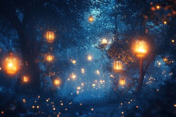 Aufkleber - Illuminated lanterns glow softly along a winding path in a tranquil forest during twilight, creating a magical atmosphere filled with wonder and serenity