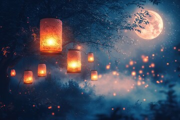 Poster - Nighttime lanterns illuminate a serene landscape under a full moon with soft mist and glowing orbs drifting through the air, creating a magical atmosphere