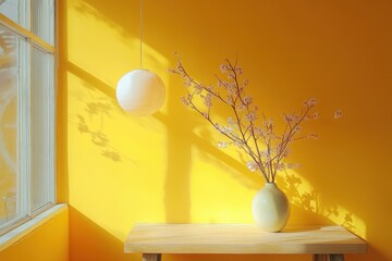 Aufkleber - Bright and cheerful interior of a modern cafe designed with yellow tones and unique architecture in a vibrant setting