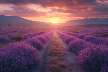 Poster - Serene winding path through a vibrant lavender field at sunset with a beautiful gradient sky in the background