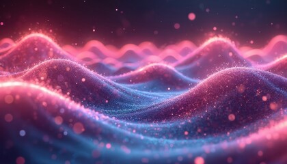 Poster - Abstract neon waves with glowing particles in a futuristic landscape. Vibrant colours, dynamic energy and luminous, cosmic fluid design. Artistic swirling motion in gradient curves in digital art.