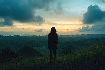 Aufkleber - Misty morning sunrise over rolling hills with a soft blanket of fog enveloping the landscape in tranquil shades of blue and green under a cloudy sky