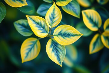 Aufkleber - Vibrant yellow and green leaves of a plant create a striking contrast in a lush garden setting during a sunny afternoon