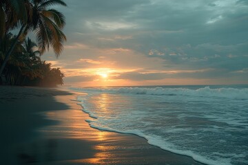Poster - Serene sunset at a tranquil beach with palm trees swaying in the gentle breeze and waves lapping the shore during golden hour