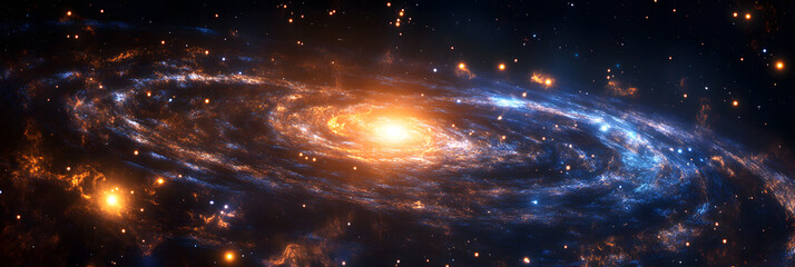 Wall Mural - Vast black void with glowing stars and a swirling deep blue and purple nebula in the background creating a mysterious cosmic atmosphere