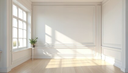Poster - Empty minimal room with natural light. Interior design showcases window, wooden floor, white walls. Modern apartment decor, scandinavian style with copy space for product placement or design project.