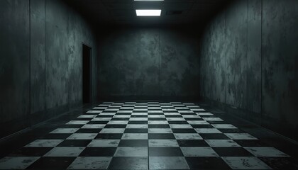 Poster - Empty grunge room with black and white checker floor. Dark interior, perspective view, empty space. Minimalist abstract design, vintage retro style. Urban textured contrast design.