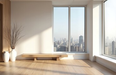 Poster - Modern empty room with white walls. Large windows with city view. Minimalist interior design, wooden bench. Sunlight, shadow, wooden floor, vases with dry branches. Contemporary apartment in luxury