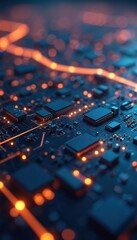Leinwandbilder - Digital illustration of circuit board with glowing orange connections. Electronic components, microchips, processors visible. Tech concept, high-tech design. Modern abstract futuristic design with