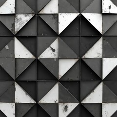 Fototapete - Abstract geometric pattern design in black and white with triangle shapes. Minimalist industrial grunge background, weathered, grunge texture. Repeating geometric pattern for wallpapers backgrounds.