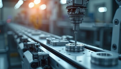 Aufkleber - Smart industry 4. 0, automated manufacturing system with AI-driven production technology. Robotic arm precision work on production line. Automated processes, modern tech factory, futuristic