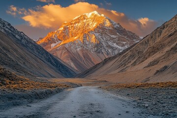 Poster - Breathtaking sunset over rocky mountains and golden grassland in a serene valley during late afternoon