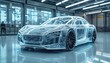 © miss irine - Futuristic car design rendered in see-through style, advanced tech. Digital car concept represents automotive engineering innovations, automation, data processing in car manufacturing. Modern tech