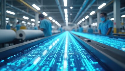 Fototapete - Modern manufacturing facility. Digital transformation, assembly line, high-tech production. Robotic automation, smart industry, data processing, men at work, blue lights. Efficiency, innovation,