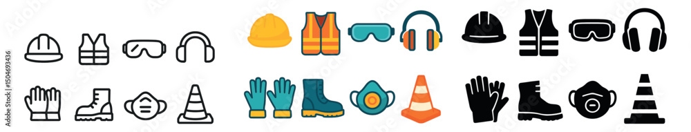 Construction safety icon collection in outline, flat, and filled styles ...