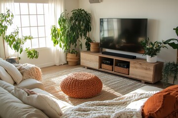 Aufkleber - Cozy bedroom with modern decor featuring a large flat-screen television and indoor plants in a sunlit atmosphere