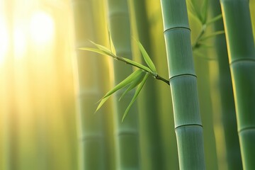 Aufkleber - Bamboo stalks in a sunlit forest creating a serene atmosphere, showcasing nature's beauty and tranquility amidst lush greenery during the golden hour