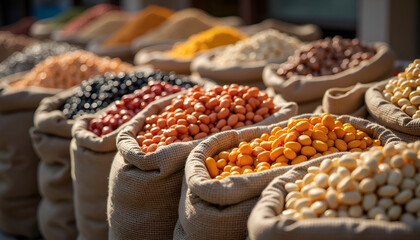 Burlap sacks overflow with colorful variety of dried beans and grains on display in market place.