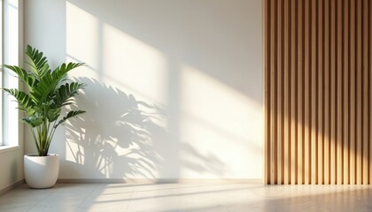 Poster - Bright, airy room with plant in pot, natural light. White wall, wooden paneling. Modern minimalist interior design. Shadow from plant on wall. Empty room concept. Perfect for architectural, interior