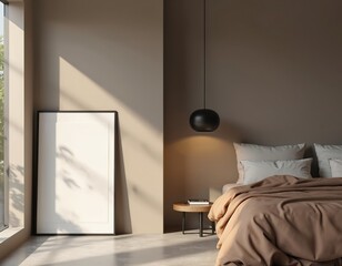 Poster - Empty picture frame stands on concrete floor in modern bedroom. Mockup interior in minimalist contemporary style. Free space for poster. Bed with pillows lamp, shadow on wall. Decor for home.