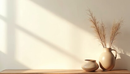 Poster - Minimalist beige interior with pottery decorations. Dried plants in ceramic vase on wooden table, natural light. Scandinavian style room, empty space for product placement. Home decor, modern design.