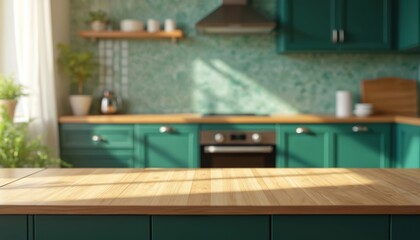 Aufkleber - Wooden table against green kitchen background. Sunlight streams through window, illuminates scene. Blurred cabinets, tiles, plants create warm inviting ambiance. Kitchen, home decor, product