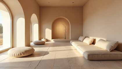 Fototapete - Minimalist beige living room with arched windows, stone floor pillows. Neutral tones create calm space. Modern design. Interior home decor, soft light, comfort. Perfect for relaxation.