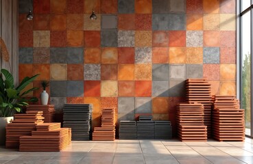 Aufkleber - Modern showroom featuring assorted ceramic tile display. Design possibilities contemporary wall tile. Warm tone tiles. Home decor, interior design idea for modern apartment house renovation project.