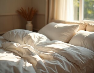 Fototapete - Soft white bed with pillows and sheets. Cozy bedroom with window light. Morning sunlight illuminates interior with comfort. Rest sleep relaxation theme. Hotel design, apartment home or house decor.