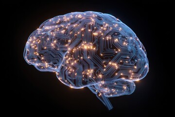 Canvas Print - A translucent brain with glowing nodes and circuit patterns on a black background in a side view