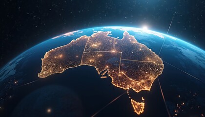Poster - Australia lit up on globe at night. City lights on continent create global network, communication, connection. Modern earth, global business, world tech, future. Night sky, space and travel concepts.
