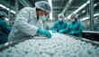 © miss irine - Workers conduct quality control on white pills moving on conveyor belt at pharmaceutical manufacturing plant. People in lab coats, face masks inspect tablets. Healthcare medicine production process.