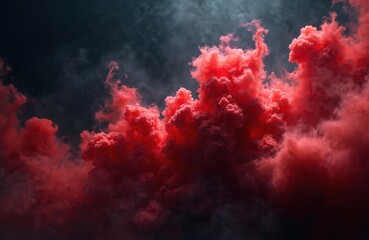 Poster - Abstract background with red smoke on dark sky. Swirling ink explosion, vibrant colors create fluid design. Acrylic paint splash, fluid art concept, dreamy atmosphere, fantasy. For artistic projects,
