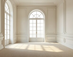 Poster - Empty sunlit classic room with bright daylight windows. White walls, wooden doors, light floor, luxury design. Contemporary style, home decor, apartment interior concept. Architectural background.