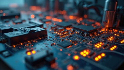 Fototapete - Modern electrical equipment. Glowing lights on printed circuit board. Tech industry background, circuit board, processor, computer details. Digital tech, innovation, engineering, data transfer,