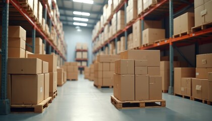 Aufkleber - Warehouse interior with cardboard boxes on pallets. Industrial setting with supply chain management, logistics, storage. Merchandise, good loading, delivery, operation, retail. Business commercial.