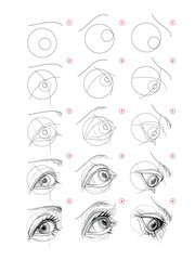 Wall Mural - page shows how to learn to draw sketch of imaginary eye from different angles. pencil drawing lesson