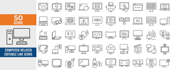Wall Mural - set of editable computer and laptop line icons. pc, monitor & computing symbols