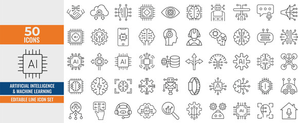 Wall Mural - artificial intelligence & machine learning line icons set. ai, bots, machine learning, and smart tec