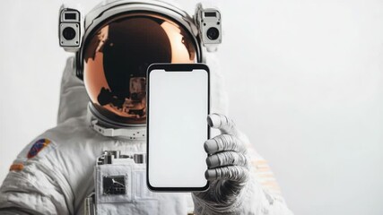 Wall Mural - astronaut in space suit holds cell phone, perfect for sci-fi and technology themes