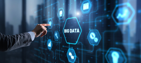 Sticker - businessman clicks big data world and globe icon modern interface