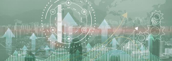 Wall Mural - business process automation concept. gears and icons on abstract city background