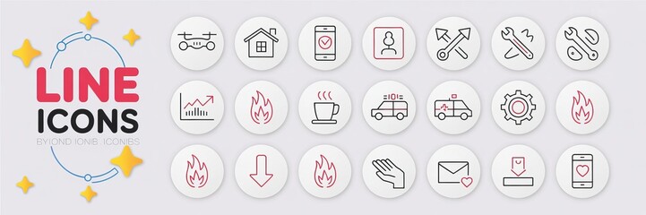 line icons collection featuring various symbols on white circular backgrounds arranged in a pattern